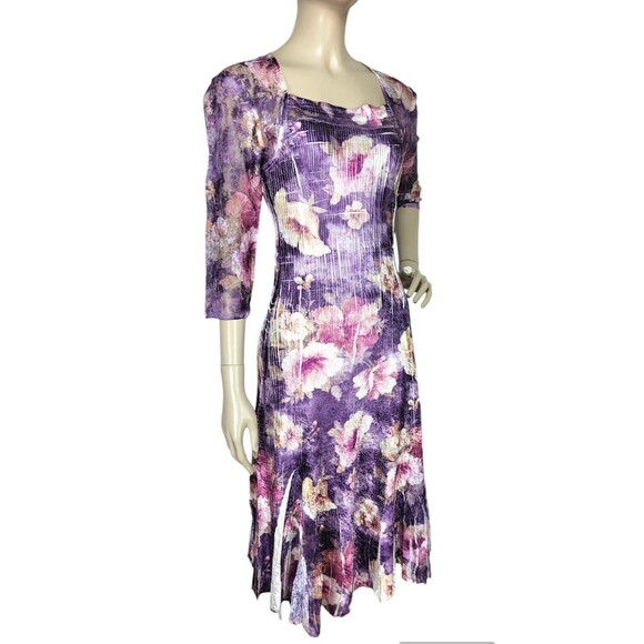 Komarov Romantic Purple Floral Crinkle Chiffon Lace Paneled Flowy Midi Dress PS - Picture 1 of 10